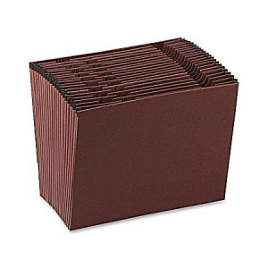 Brown accordion file organizer with multiple labeled expanding sections.