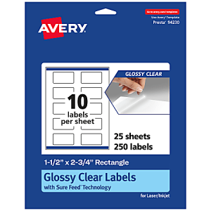 Avery glossy clear labels, 10 per sheet, 25 sheets total, with Sure Feed Technology for laser/inkjet printers.