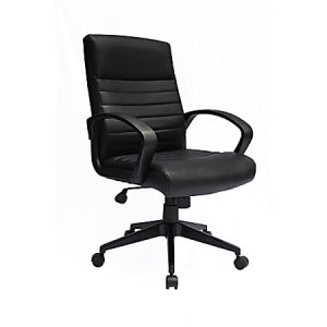 Black leather office chair with armrests and a five-wheel base on a white background.