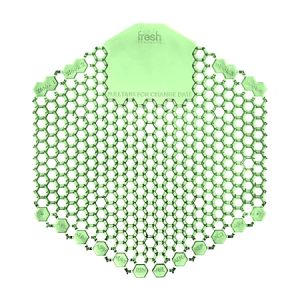 Green urinal screen with hexagonal pattern and monthly pull tabs for change dates.