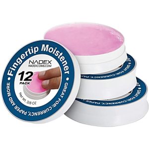Stack of fingertip moisteners with pink gel and a hand using one. Label reads "Nadex 12 Pack, Great for Paper, Currency.