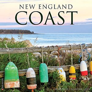 Colorful buoys hang on a fence by the New England coast at sunset. Text: "New England Coast, 18-Month Calendar, 2024".