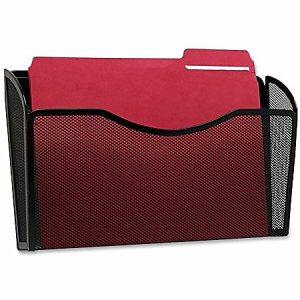 Black metal mesh wall file holder with red folders inserted.