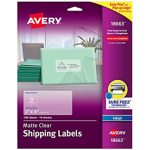 Avery matte clear shipping labels packaging, 100 labels, 2" x 4", with Easy Peel and Sure Feed technology, inkjet compatible.