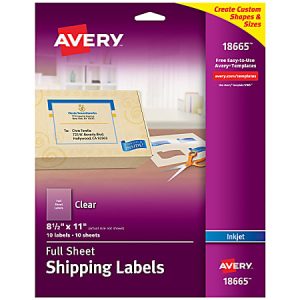 Avery 18665 clear full sheet shipping labels, 8.5" x 11", 10 sheets for inkjet printers, package display.
