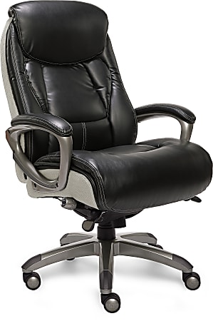 Black leather executive office chair with padded armrests and a swivel base on wheels.