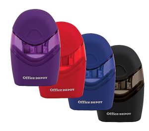 Four staplers in purple, red, blue, and black with "Office Depot" logo on each, arranged in a row against a white background.