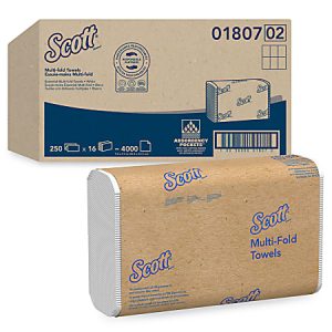Scott multi-fold paper towels in a cardboard box, labeled with product details; pack of 4000, absorbency pockets feature.