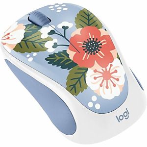 Wireless mouse with a floral pattern in blue, green, and coral colors. Logo on the side.