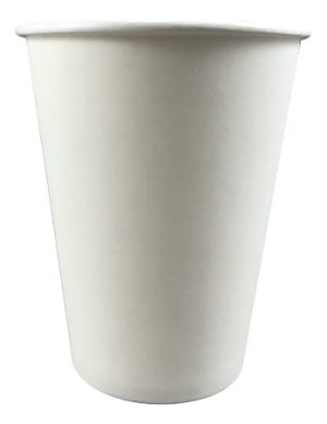 Plain white disposable paper cup standing on a white background.