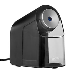 Black X-ACTO pencil sharpener with a silver circular front, plugged in, designed for efficient sharpening.