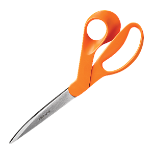 Orange-handled scissors with stainless steel blades, shown on a white background.