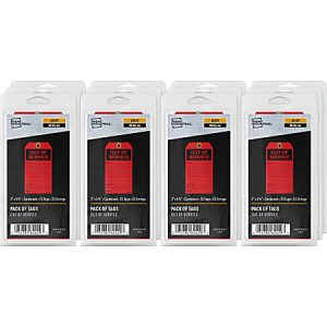 Four packs of black and red "Out of Service" tags, each containing five sheets, displayed in clear plastic packaging.