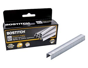 Box of Bostitch premium staples with one staple outside, featuring 5000 high carbon steel staples for heavy-duty use.