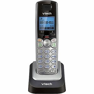 Cordless VTech phone with caller ID and numeric keypad, displayed on its charging base.