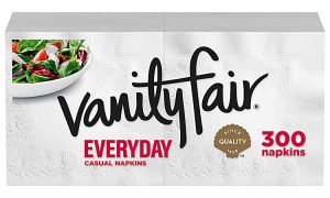 Vanity Fair Everyday casual napkins, 300 count, with quality seal and salad image on packaging.
