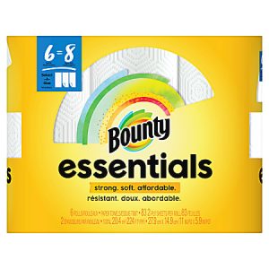 Bounty Essentials paper towels pack, featuring select-a-size sheets, labeled strong, soft, affordable, six rolls in yellow packaging.