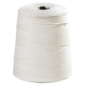 Large spool of white cotton twine, tightly wound, on a white background.