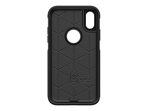 Black phone case with a rugged, geometric pattern and precise camera cutout, designed for drop protection.