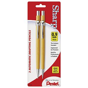 Pack of two Pentel Sharp 0.9mm automatic drafting pencils in yellow, ideal for precision, with fixed sleeves.