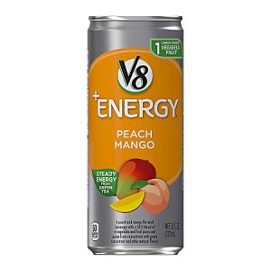 V8 +Energy Peach Mango drink can, featuring green tea, 50 calories, with images of peaches and mangoes on the label.