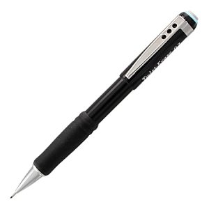 Black mechanical pencil with a rubber grip, chrome clip, and blue eraser cap, designed for precise writing.