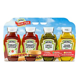 Heinz Picnic Pack with two ketchups, sweet relish, and yellow mustard bottles in a package with a picnic background.