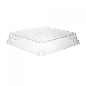 Clear square plastic cake dome lid on a white background.