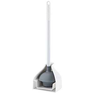 Toilet plunger with a white handle and gray rubber suction cup, stored in a matching white holder.