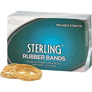 Box of Sterling rubber bands with several loose bands in front, labeled "Reliable Stretch," weight: one pound (454 grams).