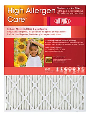 DuPont High Allergen Care electrostatic air filter packaging, featuring odor reduction and allergen control benefits.