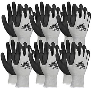 Nine pairs of gray gloves with black palms, labeled "Memphis Foam Nitrile.
