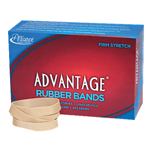 Box of Advantage rubber bands labeled "firm stretch" with a few tan rubber bands in front.