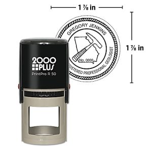 Round self-inking stamp with "2000 Plus" branding, showing a sample impression with text and a hammer graphic, size 1.75 inches.