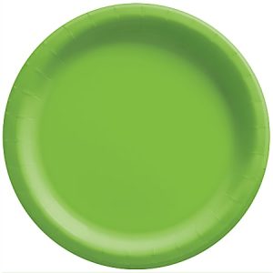 Bright green round paper plate on a white background.