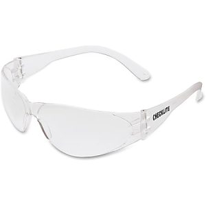Clear safety glasses with "Checklite" branding on the temples, featuring transparent lenses and lightweight frame.