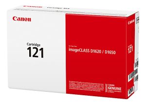 Canon Cartridge 121 box for imageCLASS D1620/D1650 printers, featuring red and white design with product details.