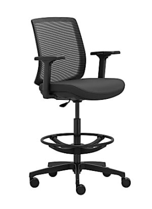 Black mesh drafting chair with adjustable armrests, foot ring, and five-wheel base on a white background.