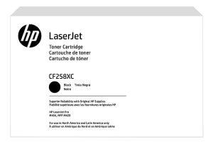 HP LaserJet toner cartridge packaging for model CF258XC, black ink, for use in North and Latin America.