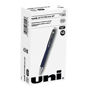 Box of 12 Uni Jetstream RT black ballpoint pens, displaying one pen with a sleek design and medium point.