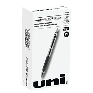 Box of 12 Uni-ball 207 Needle Tip Gel Pens in black, featuring ultra-precise needle tip design, shown in packaging.