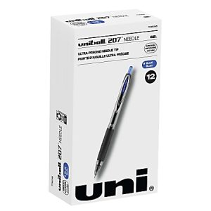 Box of Uni-ball 207 Needle Gel Pens, ultra-precise needle tip, blue ink, 12-count, featuring a pen image on the packaging.