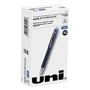 Box of Uni Jetstream RT ballpoint pens, blue ink, 12 count, featuring a smooth and crisp writing experience.