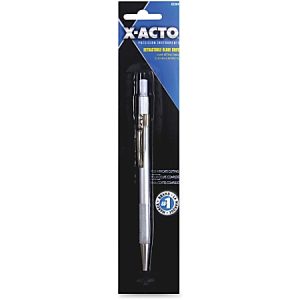 X-Acto precision knife in packaging, featuring a silver handle and sharp interchangeable blade, against a black background.