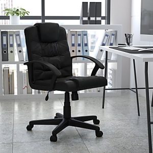 Black ergonomic office chair with armrests in a modern room, near a desk and shelf filled with binders.