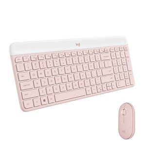 Pink wireless keyboard and mouse set with white accents on the keyboard's top edge, featuring a minimalist design.