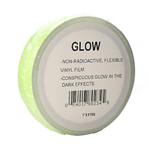 Roll of glow-in-the-dark vinyl film, flexible, non-radioactive, labeled "GLOW," 1"x5 yds, with a barcode.