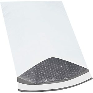 White bubble mailer with the flap open, revealing protective bubble wrap inside.