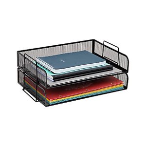 Black mesh desk organizer with two tiers holding notebooks and folders.
