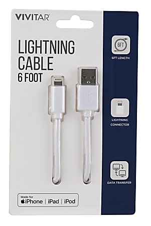 Vivitar 6-foot lightning cable packaging for iPhone, iPad, iPod. Features USB and lightning connectors, 6ft length.